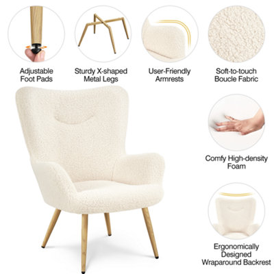 Yaheetech Ivory Boucle Accent Chair with Wood-tone Metal Legs
