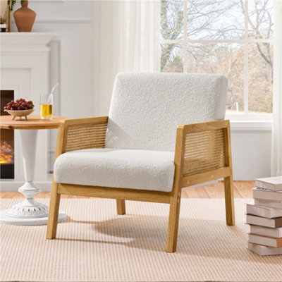 Yaheetech Ivory Boucle Upholstered Accent Chair with Rattan Sides and Rubberwood Legs