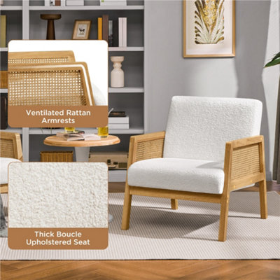 Yaheetech Ivory Boucle Upholstered Accent Chair with Rattan Sides and ...