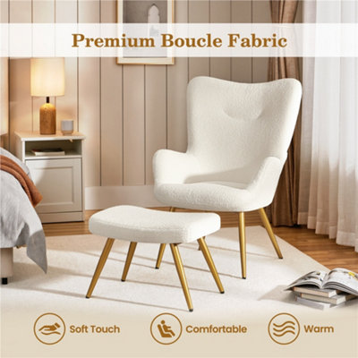 Yaheetech Boucle Accent Chair & Ottoman Set – Sherpa Armchair With Gold Legs, Ivory