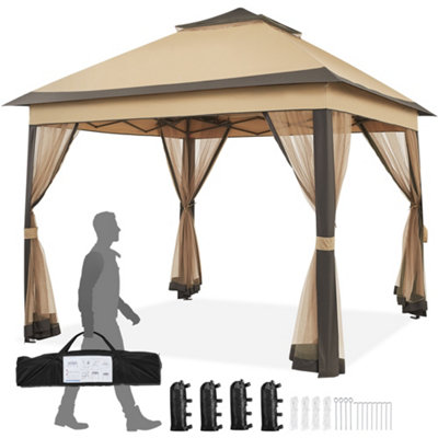 Yaheetech Khaki/Brown 3.3x3.3m Pop-Up Gazebo Tent with 4 Mesh Sidewalls