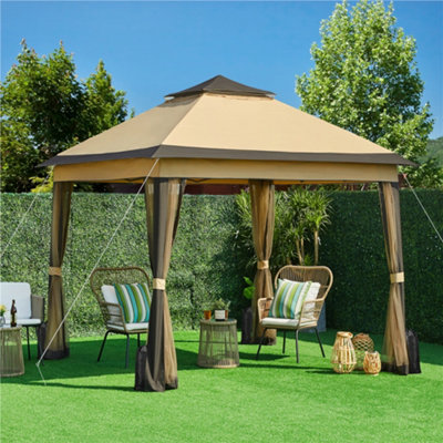 Yaheetech Khaki/Brown 3.3x3.3m Pop-Up Gazebo Tent with 4 Mesh Sidewalls