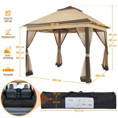 Yaheetech Khaki/Brown 3.3x3.3m Pop-Up Gazebo Tent with 4 Mesh Sidewalls - 3