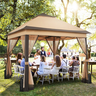 Yaheetech Khaki/Brown 3.3x3.3m Pop-Up Gazebo Tent with 4 Mesh Sidewalls - 8