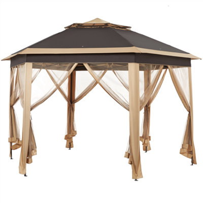 Yaheetech Khaki/Brown 4x3.4m Hexagonal Outdoor Gazebo Pop Up Canopy