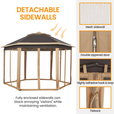 Yaheetech Khaki/Brown 4x3.4m Hexagonal Outdoor Gazebo Pop Up Canopy - 5