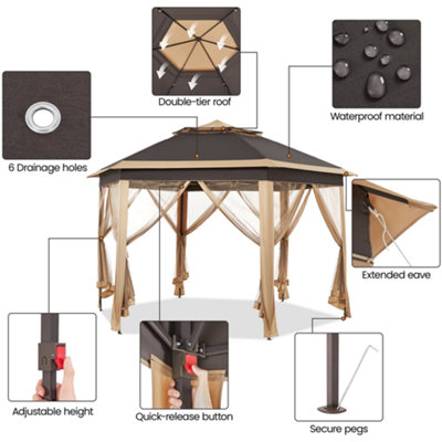 Yaheetech Khaki/Brown 4x3.4m Hexagonal Outdoor Gazebo Pop Up Canopy - 6