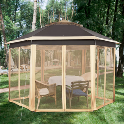 Yaheetech Khaki/Brown 4x3.4m Hexagonal Outdoor Gazebo Pop Up Canopy - 9