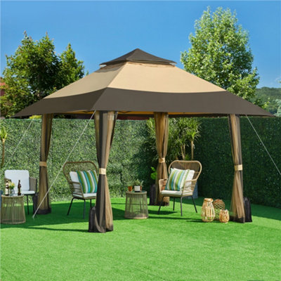 Yaheetech Khaki/Brown 4x4m Pop-Up Gazebo Tent with 4 Mesh Sidewalls