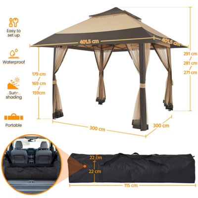 Yaheetech Khaki/Brown 4x4m Pop-Up Gazebo Tent with 4 Mesh Sidewalls
