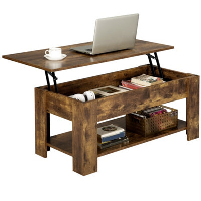Yaheetech Lift Top Coffee Table with Hidden Compartment and Open Shelf Rustic Brown