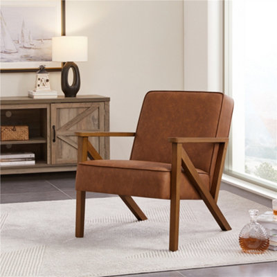 Yaheetech Light Brown Faux Leather Armchair Lounge Chair with Z-shaped Wood Legs