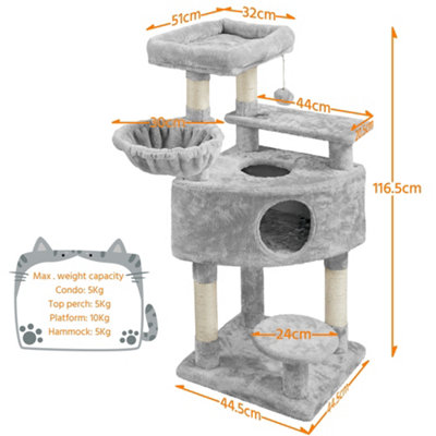 Yaheetech Light Grey 116.5cm Cat Tree Cat Climbing Tower with Perch & Basket & Scratching Posts