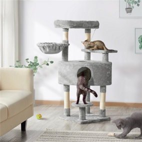 Yaheetech Light Grey 117cm Cat Tree Cat Climbing Tower with Perch & Basket & Scratching Posts