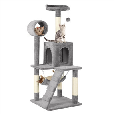 Yaheetech Light Grey 129.5cm Multilevel Cat Tree Tower with Scratching Post and Hammock Tunnel