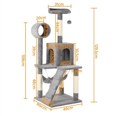 Yaheetech Light Grey 129.5cm Multilevel Cat Tree Tower with Scratching Post and Hammock Tunnel