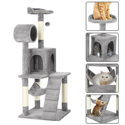 Yaheetech Light Grey 129.5cm Multilevel Cat Tree Tower with Scratching Post and Hammock Tunnel