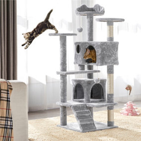Yaheetech Light Grey 137cm Multilevel Cat Tree Tower with Scratching Posts and 2 Condos