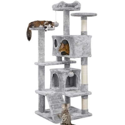 Yaheetech Light Grey 137cm Multilevel Cat Tree Tower with Scratching Posts and 2 Condos