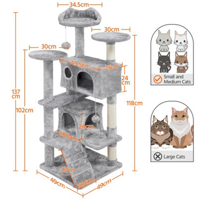 Yaheetech Light Grey 137cm Multilevel Cat Tree Tower with Scratching Posts and 2 Condos
