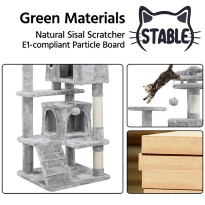 Yaheetech Light Grey 137cm Multilevel Cat Tree Tower with Scratching Posts and 2 Condos