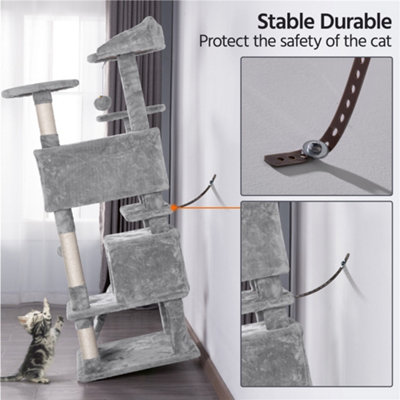 Yaheetech Light Grey 137cm Multilevel Cat Tree Tower with Scratching Posts and 2 Condos