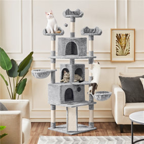 Yaheetech Light Grey 194cm Large Cat Tree Tower with 3 Condos, 3 Perches, Dangling Ball