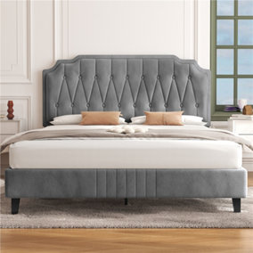 Yaheetech Light Grey 4ft6 Double Upholstered Bed Frame with Button-Tufted Adjustable Headboard and Wooden Slat Support