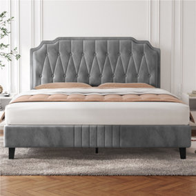 Yaheetech Light Grey 5ft King Upholstered Bed Frame with Button-Tufted Adjustable Headboard and Wooden Slat Support