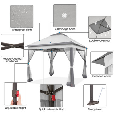 Yaheetech Light Grey/Dark Grey 3.3x3.3m Pop-Up Gazebo Tent with 4 Mesh Sidewalls - 8