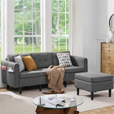 Yaheetech Light Grey Fabric Upholstered 3-Seater Corner Sofa with Ottoman
