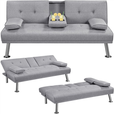 Yaheetech Light Grey Fabric Upholstered Convertible Sofa Bed with Drop-down Cup Holders and Pillows