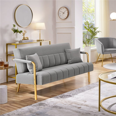 Grey couch with gold legs discount