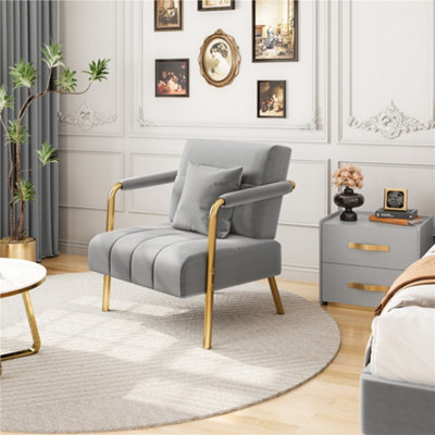 Yaheetech Light Grey Velvet Accent Armchair with Cozy Pillow and Gold Metal Frame