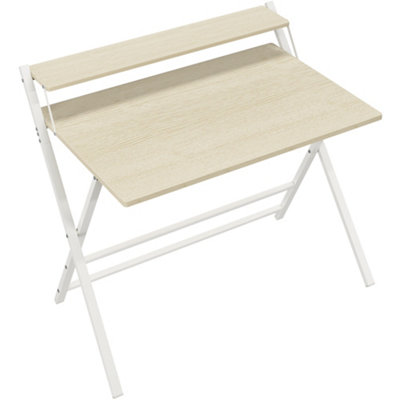Yaheetech Light Natural Wood 2 Tier Foldable Computer Desk with Monitor ...