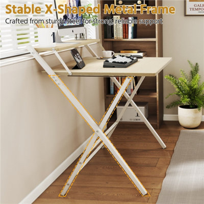 Yaheetech Light Natural Wood 2 Tier Modern Foldable Computer Desk with ...
