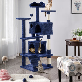Yaheetech Navy Blue 137cm Cat Tree Tower with Condos & Dangling Balls & Scratching Posts