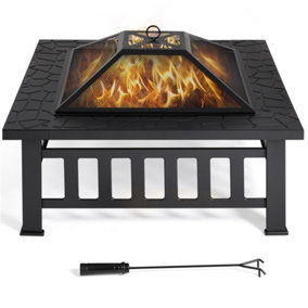 Yaheetech Outdoor Square Fire Pit with Cover and Poker Black