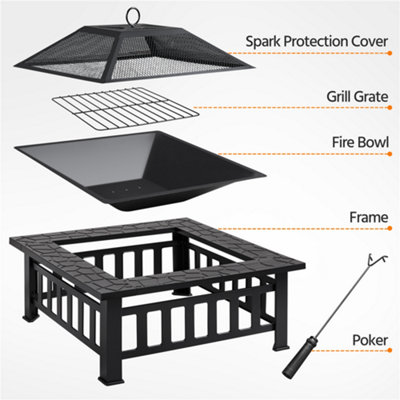 Yaheetech Outdoor Square Fire Pit with Cover and Poker Black - 8