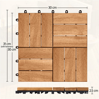 Yaheetech Pack of 27 Interlocking Deck Tiles Waterproof Acacia Wood Flooring Tiles 30cm x 30cm - 3