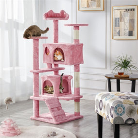 Yaheetech Pink 137cm Multilevel Cat Tree Tower with Scratching Posts and 2 Condos