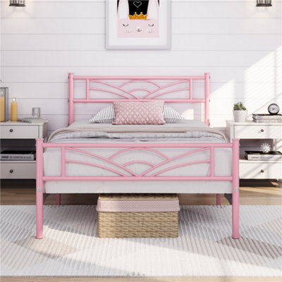 Yaheetech Pink 3ft Single Metal Bed Frame with Cloud-inspired Design Headboard and Footboard