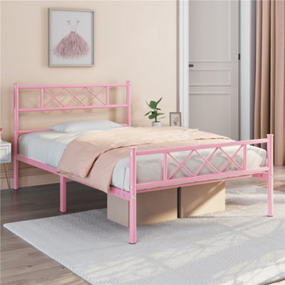 Yaheetech Pink 3ft Single Metal Bed Frame with Cross Design Headboard and Footboard