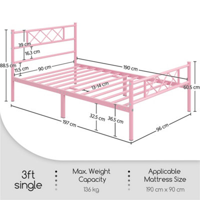 Yaheetech Pink 3ft Single Metal Bed Frame with Cross Design Headboard and Footboard