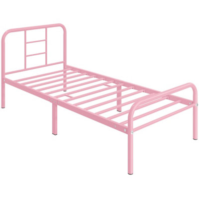 Yaheetech Pink 3ft Single Metal Bed Frame with High Headboard Strong Iron Platform Bed for Bedroom