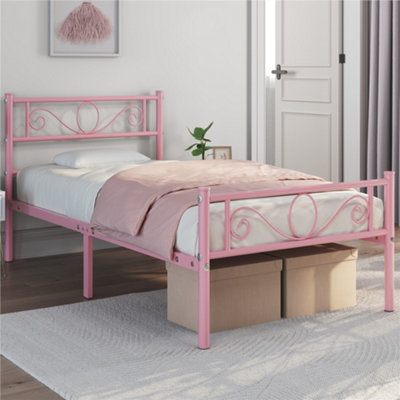 Yaheetech Pink 3ft Single Metal Bed Frame with Scroll Design Headboard and Footboard