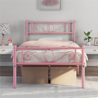 Yaheetech Pink 3ft Single Metal Bed Frame with Scroll Design Headboard and Footboard