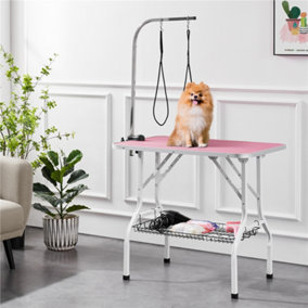 Yaheetech Pink Pet Grooming Table with Basket Style Tool Shelf and Adjustable Arm