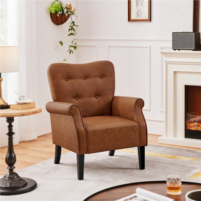 Yaheetech Retro Brown Faux Leather Accent Chair Armchair with Tufted High Back, Roll Arms, Solid Wood Legs