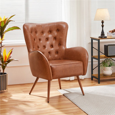 Yaheetech Retro Brown Faux Leather Accent Chair with Metal Legs and Tufted High Back